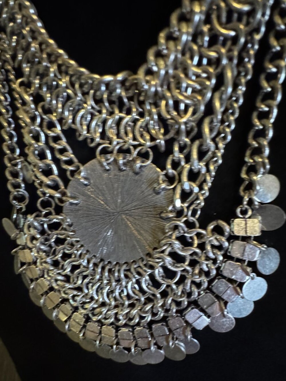 Boho Layered Statement Necklace – Silver Tone Coin & Chain Bib Necklace – Adjust - Picture 6 of 7